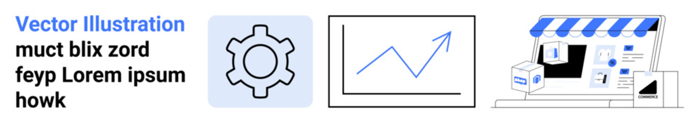 Gear icon, upward graph, and storefront elements suggest business growth, technology, and online shopping. Ideal for data analysis, technology, innovation, automation e-commerce marketing or