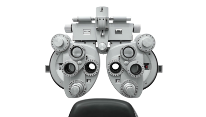 Front view of an ophthalmic instrument used for eye examinations, on a black background