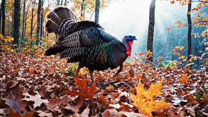 Wild turkey foraging in autumn forest with blowing colorful leaves seasonal nature scene