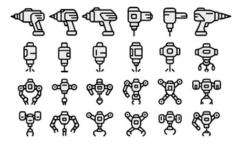 Various designs of robot tools and drones from different angles showing their features and functions for various tasks and uses in technology