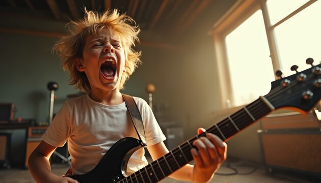 Blond child plays electric guitar passionately. Kid sings loudly with open mouth enjoying music. Energetic boy performs rock and roll. Rock star expresses musical creativity with zest and fun.