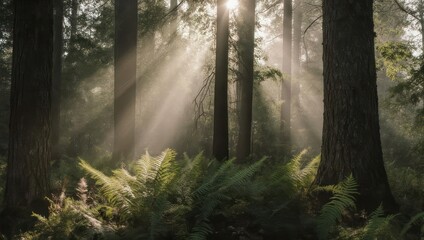 Fototapeta premium Sunbeams filtering through a lush forest canopy illuminating ferns.
