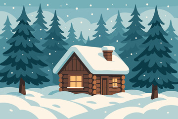 Winter scene with a small wood cabin surrounded by tall trees and snowfall in a forest setting