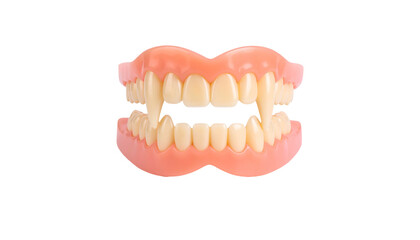 Obraz premium Pair of false teeth, upper and lower sets, with elongated canines, isolated on black