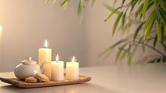 A serene atmosphere is created with lit candles, herbal tea in a teapot, and cookies on a wooden tray, complimented by greenery