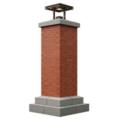 Brick column with outdoor light fixture and concrete base on transparent background
