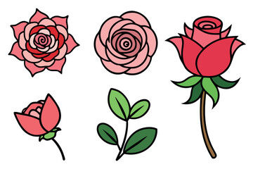Colorful Floral Botanical Sticker Set 5 Pieces Pink Red Roses Green Stem