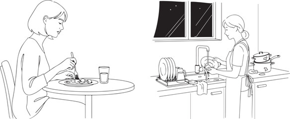 Monochrome Line Art Illustration of Daily Female Eating and Washing Chores