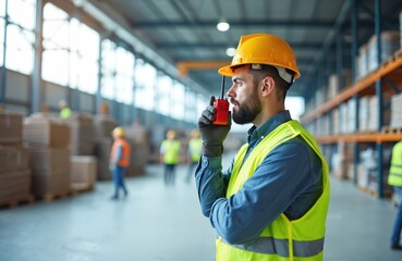 Man in yellow hard hat, safety vest speaks on walkie-talkie. Manages daily industrial operations, oversees logistics, ensures worker safety, quality control in large modern warehouse. Teamwork,