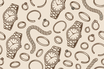 Different types of watches and jewelry are shown on a flat surface with a simple background