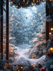 A cozy indoor window view decorated with festive lights and pine branches looking out onto a snowy winter scene. 