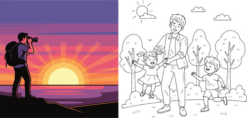 Colorful Sunset Photography and Black Outline Family Park Illustration