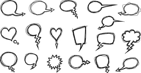 Hand-Drawn Sketch Speech Bubble Set – Doodle Comic Chat Balloons with Arrows, Lightning, Hearts and Text Frames Vector Collection © PixelsWorld
