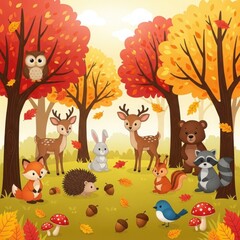 Fototapeta premium Autumn forest scene with cute woodland animals and falling leaves