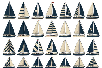 Sailboats arranged in a grid pattern on a flat surface during daylight hours