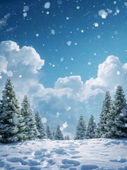 A serene winter landscape featuring snow-covered pine trees under a bright blue sky with falling snow. This picturesque scene evokes a feeling of peace and natural beauty, ideal for seasonal themes.
