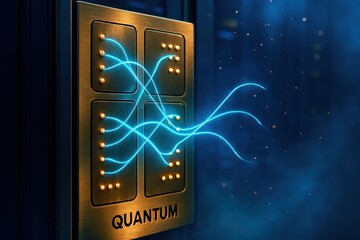Quantum Cloud Server with Glowing Entanglement Streams. A futuristic quantum cloud server panel emitting glowing blue entanglement streams, symbolizing advanced quantum computing, high-speed data 
