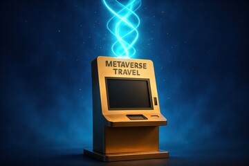 Metaverse Travel Portal Terminal With Futuristic Digital Vortex. A golden metaverse travel terminal with a glowing digital vortex above it, symbolizing virtual journeys, immersive worlds, and advance
