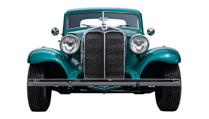 Front view of a classic turquoise vintage vehicle with chrome details and black tires