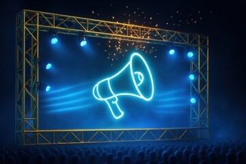 Concert Stage Sound Announcement Icon With Neon Megaphone Display. A glowing neon megaphone symbol displayed on a concert stage screen with lights and scaffolding, representing live sound, announceme
