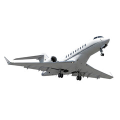 White private jet in mid-flight with dual rear-mounted engines and landing gear extended