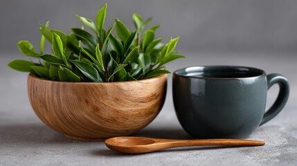 A wooden bowl with a plant in it sits next to a mug. A spoon is resting on the edge of the bowl. Concept of calm and relaxation, as the plant and bowl create a natural and soothing atmosphere