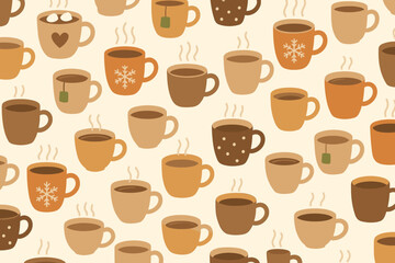 Multiple coffee cups with different designs and colors on a light background with steam coming from some cups