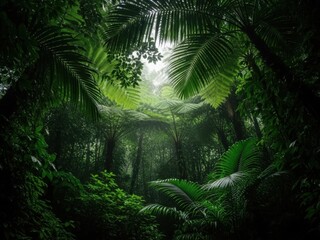 Lush tropical rainforest canopy with dense foliage and misty light