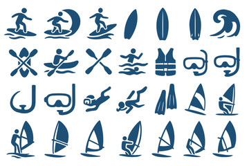 Collection of water sports icons showing different activities like surfing, kayaking, and snorkeling