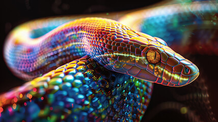 Fototapeta premium Close-Up of Iridescent Snake with Vibrant Scales and Glossy Texture Against Dark Background