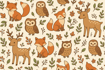 Fototapeta premium Colorful pattern with foxes, owls, and deer among plants and flowers in a playful design