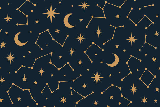 Stars and moons arranged in constellations against a dark night sky design pattern
