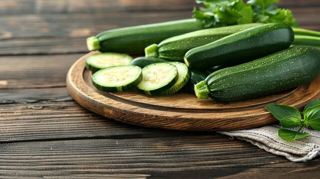 Brightly colored zucchinis and cucumbers placed on a rustic wooden board await preparation for a nutritious dish