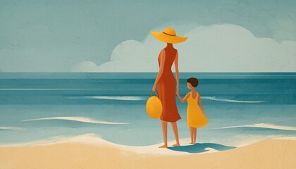 Mother And Child Enjoying The Beach. Relaxing Summer Getaway By The Sea. Quality Time Spent Together Under The Sun. Fabulous Vacation.