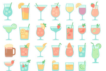 Different types of drinks organized in a grid on a light background for use in menus or designs