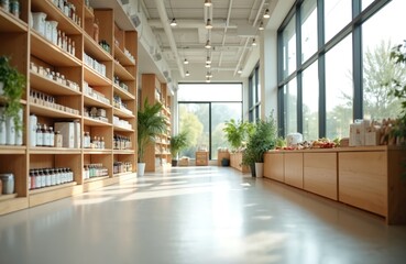 Modern grocery store interior with shelves full of organic products and fresh produce displayed near large windows. Natural light streams into the clean, minimalist retail space.
