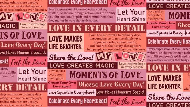 Animated newspaper Valentine background with colorful love quotes, vibrant text blocks and romantic typography pattern in warm pink and red tones perfect for holidays cards posters banners