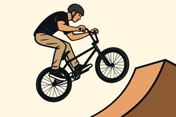 Obraz premium Biker performs a jump on a ramp while wearing a helmet during a BMX session in a skatepark