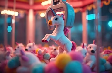 Fototapeta premium Claw machine crane grabs stuffed unicorn toy. Colorful plush animals fill amusement arcade. Try winning prize, fun game for kids and adults, chance for success.