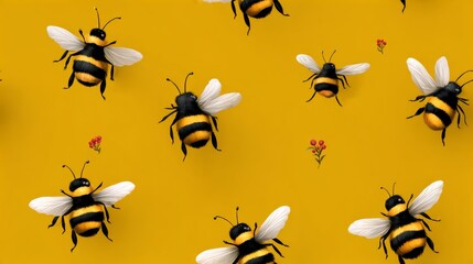 A yellow background with a bunch of bees on it. The bees are in different positions and sizes