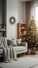 Cozy living room with christmas decorations and a beautifully lit christmas tree