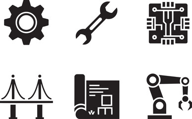 Industrial engineering icons set, including gear, wrench, circuit, bridge, blueprint, robot