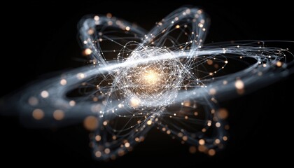 Digital Image Of Atom Model In Motion With Data Processing On A Black Background Showing Global Science, Research, And Computing Connections.
