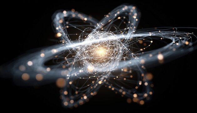 Digital Image Of Atom Model In Motion With Data Processing On A Black Background Showing Global Science, Research, And Computing Connections. - Powered by Adobe