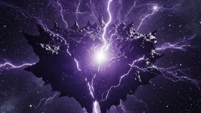 dramatic purple lightning over tree silhouette at night.