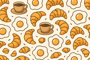 Obraz premium Croissants, eggs, and coffee pattern on a light background for breakfast design