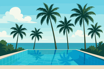 Bright day at a tropical pool with palm trees and ocean view under a blue sky
