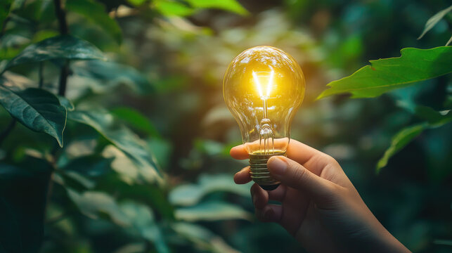 Hand holding glowing light bulb with green leaf, symbolizing sustainable energy concept, environmental innovation, and eco-friendly power solutions for a brighter future - Powered by Adobe
