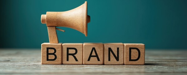 Wooden blocks spell BRAND with a megaphone above. Promotes awareness for new company products or services. Essential for marketing and startup ventures.
