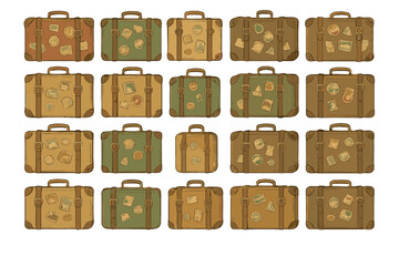 Different kinds of travel bags arranged in a pattern with various travel stickers